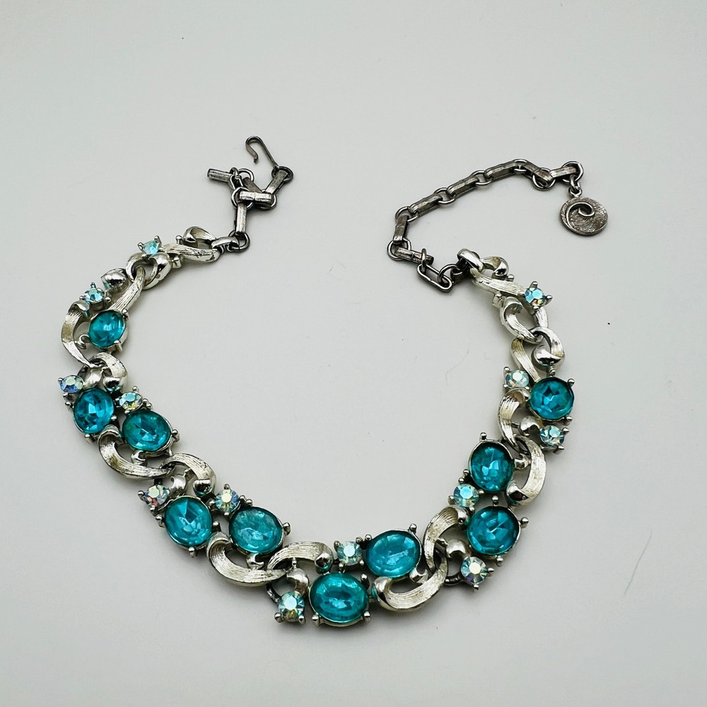Vintage Lisner Necklace Aqua Blue Rhinestone Aurora Borealis Silver Tone Choker